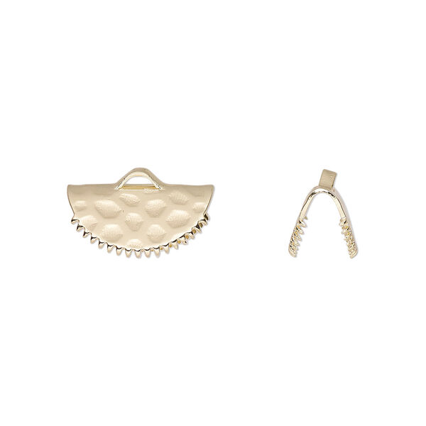 Ribbon crimp end, gold-finished brass, 15x7mm hammered fan. Sold per pkg of 10. image number 0
