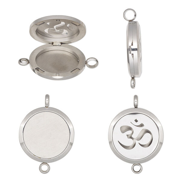 Pendant, stainless steel, 37x30mm single-sided hinged round locket with cutout Om design and magnetic closure with loop. Sold individually. image number 0