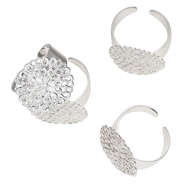 Ring, silver-finished brass, 20mm filigree flower, adjustable. Sold per pkg of 4. image number 0