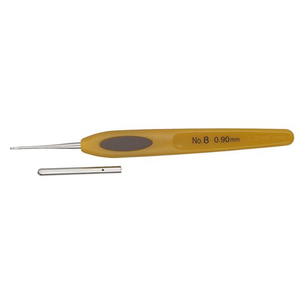 Crochet hook, Clover, steel and resin, 5 inches with #8/0.90mm hook, fits thread size 40-60 and dead-soft wire gauge 30-26. Sold individually. image number 0