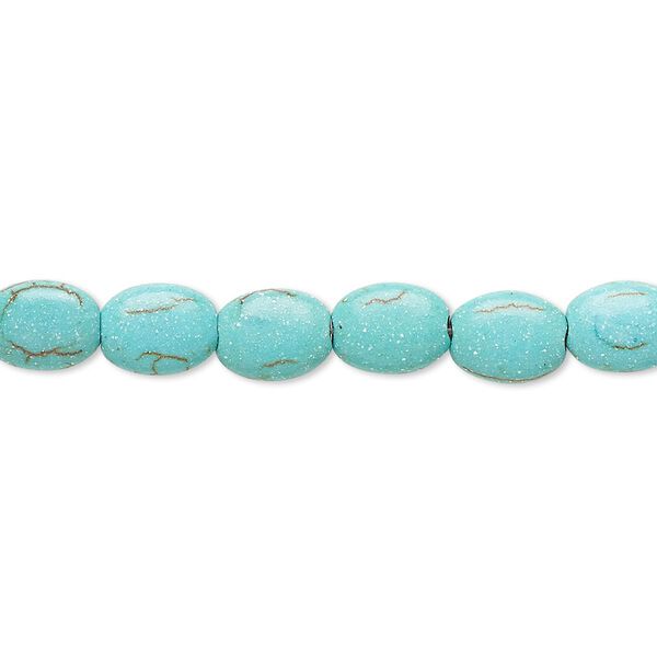Bead, magnesite (dyed / stabilized), light teal green, 8x6mm-8x7mm puffed oval, B- grade, Mohs hardness 3-1/2 to 4. Sold per 15-inch strand. image number 0