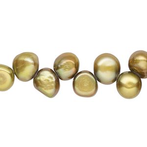 Pearl, cultured freshwater (dyed), olive green, 8-9mm top-drilled flat-sided potato with 0.4-0.5mm hole, D grade, Mohs hardness 2-1/2 to 4. Sold per 14-inch strand.