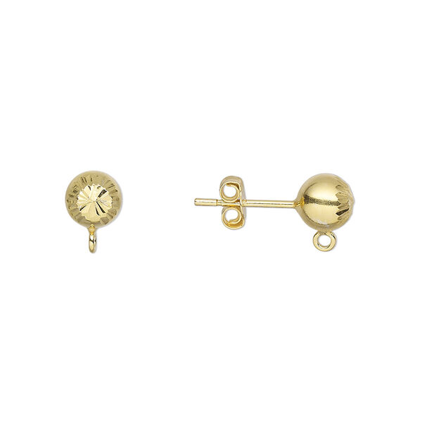 Earstud, gold-finished sterling silver, 6mm diamond-cut ball with loop. Sold per pair. image number 0