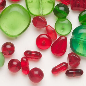 Bead mix 1pkg1, Preciosa Czech pressed glass, transparent green and red, 4mm-17x16mm mixed shapes, 50 grams.