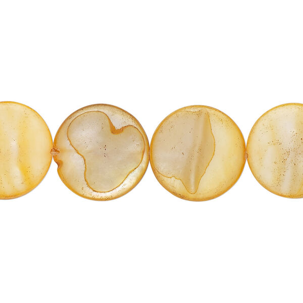 Mother-of-pearl shell 1pkg1, puffed flat round bead 15 inch dark apricot 13-14mm image number 0