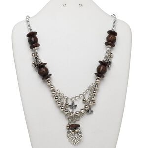 Necklace, Huangshan pine tree wood and silver-finished plastic, brown, 30x29mm heart focal with mixed size and shape beads and charms, 24 inches with silver-finished brass lobster claw clasp and 1-3/4 inch steel extender chain, 28-inch drape. Sold individually.