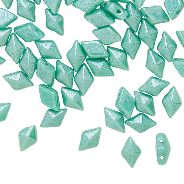 Bead, DiamonDuo™, Czech pressed glass, opaque shimmer green turquoise, 8x5mm faceted diamond with flat back and (2) 0.7-0.8mm holes. Sold per 10-gram pkg, approximately 70 beads. image number 0