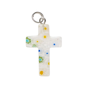 Focal, millefiori glass and silver-finished steel 1pkg1, transparent clear and translucent multicolored, 28x17mm-31x18mm cross.