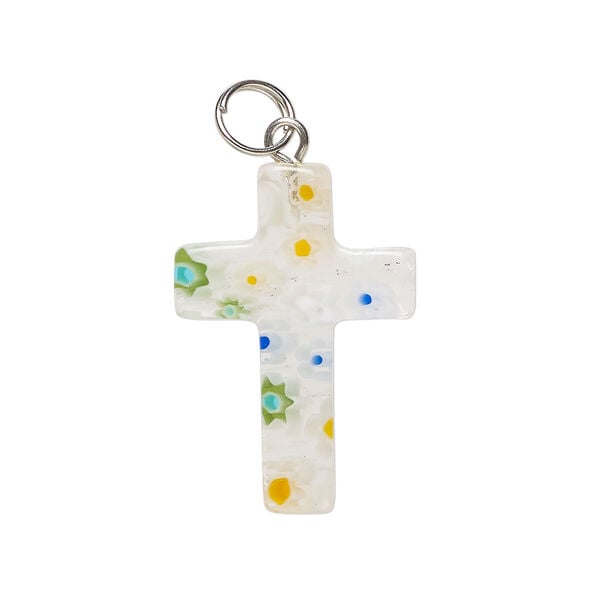 Focal, millefiori glass and silver-finished steel 1pkg1, transparent clear and translucent multicolored, 28x17mm-31x18mm cross. image number 0