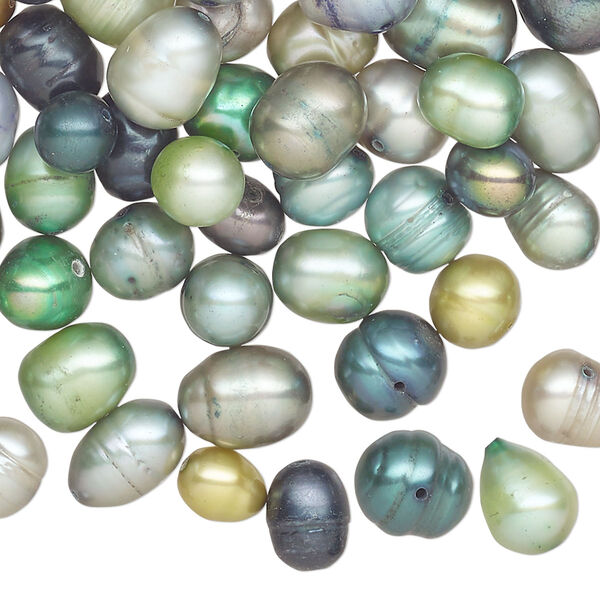 Pearl mix, cultured freshwater (dyed), multi-green, 5-8mm mixed shape, D grade, Mohs hardness 2-1/2 to 4. Sold per 2-ounce pkg. image number 0