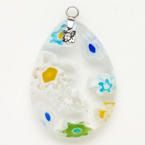 Focal 1pkg1 silver-finished steel and millefiori glass, translucent and transparent clear and multicolored, 35x25mm-36x28mm puffed teardrop. image number 0