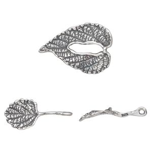 Clasp toggle 1pkg1 sterling silver, 22x15mm textured double leaf, antiqued 1-strand