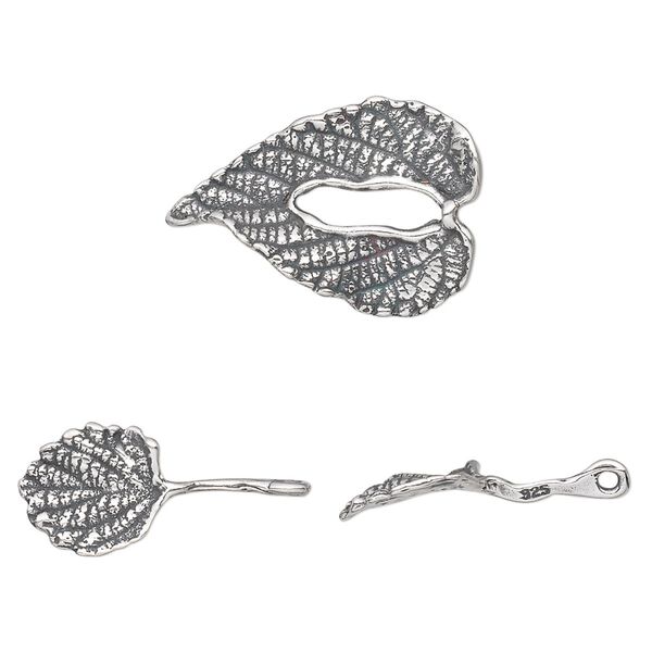 Clasp toggle 1pkg1 sterling silver, 22x15mm textured double leaf, antiqued 1-strand image number 0