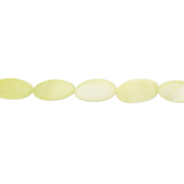 Bead, mother-of-pearl shell (dyed), spring green, 10x5mm flat oval with 0.6-0.8mm hole, Mohs hardness 3-1/2. Sold per 15-inch strand. image number 0