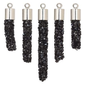 Focal, glass / resin / imitation rhodium-finished brass, black, 22.5x6mm-37x6mm graduated fan stick. Sold per 5-piece set.