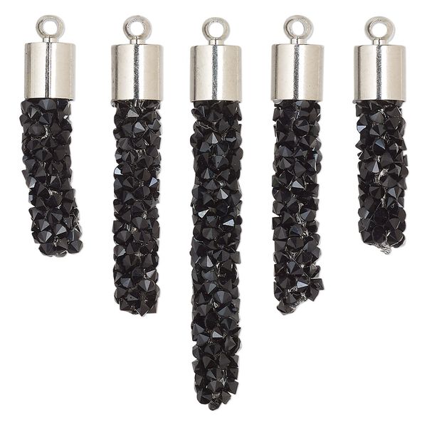 Focal, glass / resin / imitation rhodium-finished brass, black, 22.5x6mm-37x6mm graduated fan stick. Sold per 5-piece set. image number 0