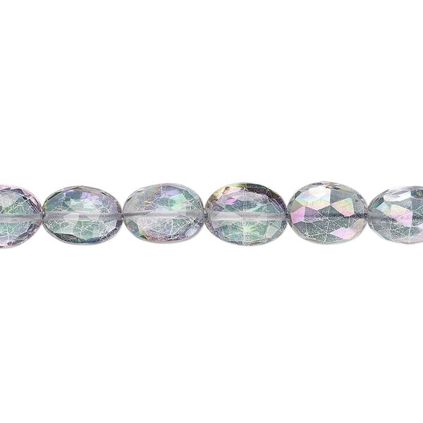 Bead, mystic topaz (coated), 8x6mm hand-cut faceted puffed oval, B+ grade, Mohs hardness 8. Sold per 8-inch strand, approximately 20-25 beads. image number 0