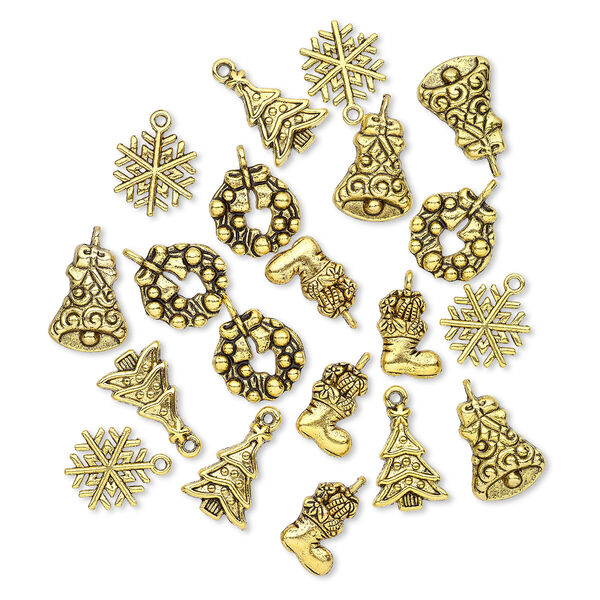 Charm, antique gold-finished "pewter" (zinc-based alloy), 16x13mm-20x15mm single- and double-sided assorted Christmas theme. Sold per pkg of 20. image number 0