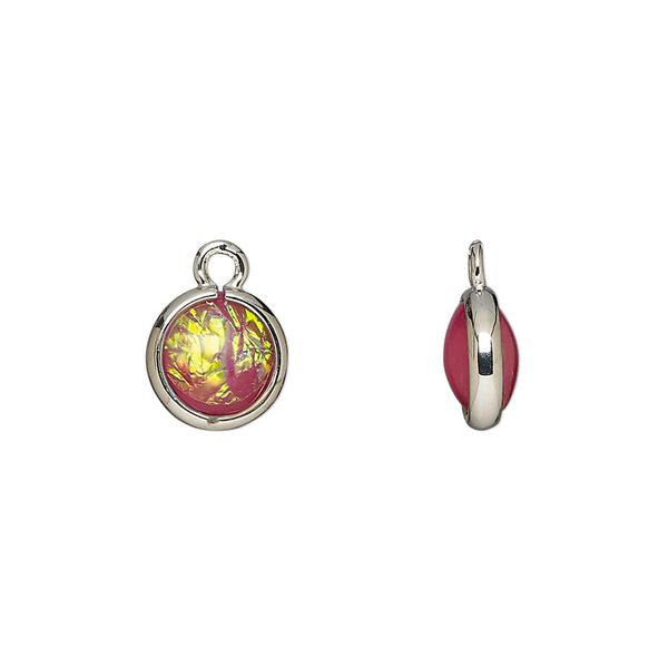 Drop, Opalized Ice™, "opal" (resin) and imitation rhodium-finished brass, opaque light purple, 9.5mm double-sided round. Sold per pkg of 6. image number 0
