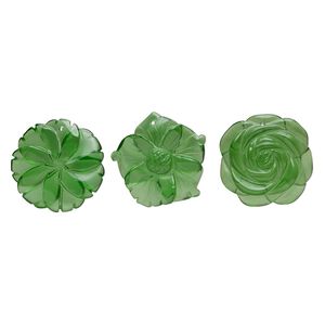 Focal mix, glass, translucent green, 38x33-40x40mm top-drilled carved flower. Sold per pkg of 3.