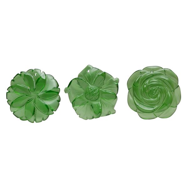 Focal mix, glass, translucent green, 38x33-40x40mm top-drilled carved flower. Sold per pkg of 3. image number 0