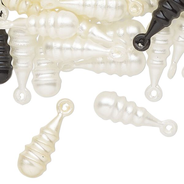 Drop mix, acrylic, black / white / cream, 21x7mm corrugated teardrop. Sold per 2-ounce pkg, approximately 160 drops. image number 0