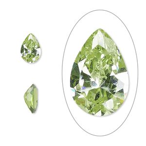 Gem, cubic zirconia, peridot green, 9x6mm faceted pear, Mohs hardness 8-1/2. Sold individually.