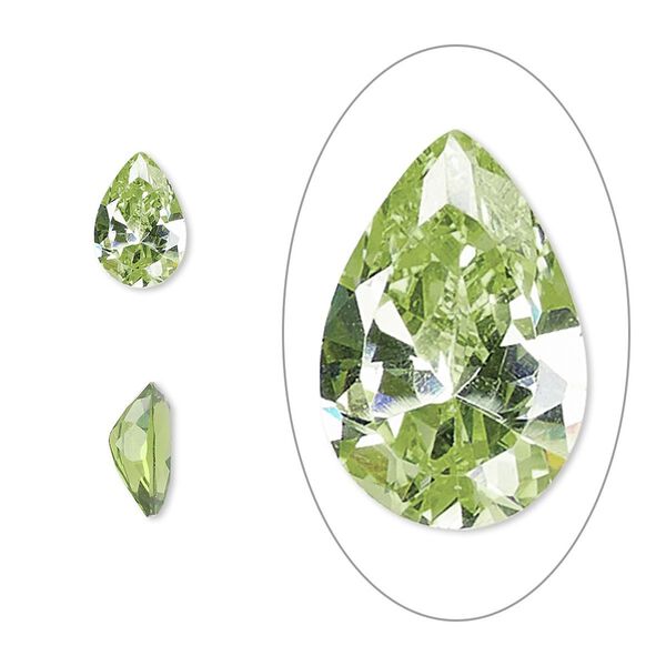 Gem, cubic zirconia, peridot green, 9x6mm faceted pear, Mohs hardness 8-1/2. Sold individually. image number 0