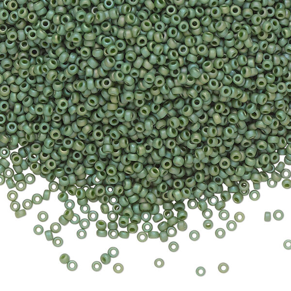 Seed bead, Miyuki, glass, pkg/250g, #15 rocaille, opaque matte rainbow basil green, (RR-4700). image number 0