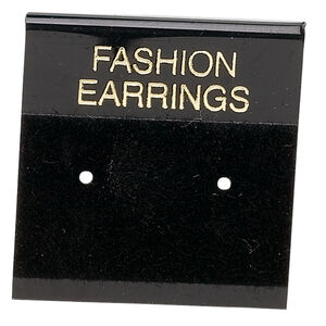 Earring card, flocked plastic, black and gold, 1x1-inch square with "FASHION EARRINGS." Sold per pkg of 100.
