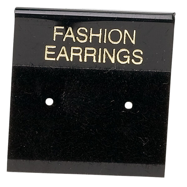 Earring card, flocked plastic, black and gold, 1x1-inch square with "FASHION EARRINGS." Sold per pkg of 100. image number 0