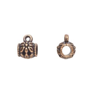 Bead, antique copper-plated "pewter" (zinc-based alloy), 8x7mm cylinder with flower design and closed loop. Sold per pkg of 20.