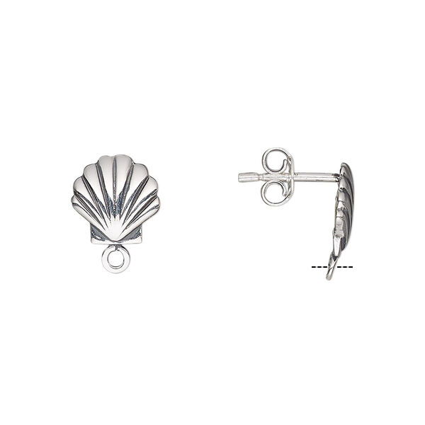 Earstud, antiqued sterling silver, 9.5x9mm shell with closed loop. Sold per pair. image number 0