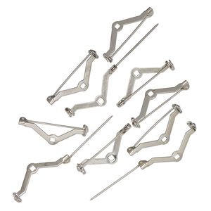 Pin back, silver-finished steel, 1-1/4 x 1/2 inch "V" with locking bar. Sold per pkg of 10.
