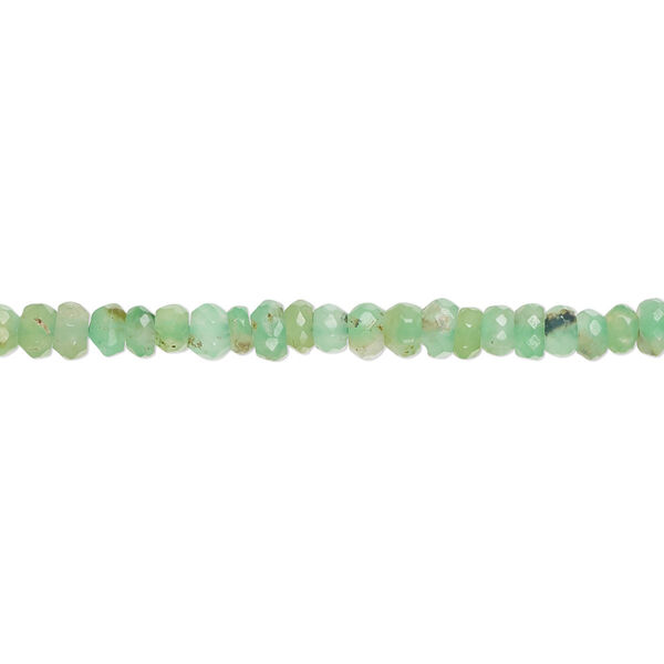 Bead, chrysoprase (natural), light to medium, 3x2mm-4x2mm hand-cut faceted rondelle with 0.4-1.4mm hole, B grade, Mohs hardness 6-1/2 to 7. Sold per 13-inch strand, approximately 150 beads. image number 0