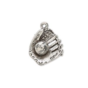 Charm, antiqued pewter (tin-based alloy), 18x16mm two-sided baseball and glove. Sold individually.