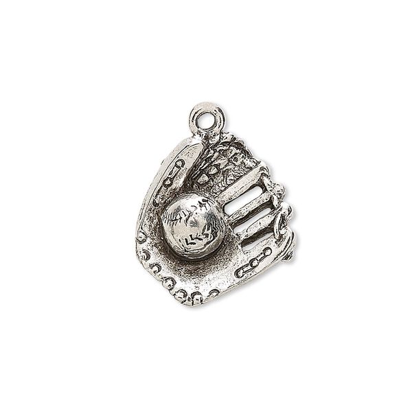 Charm, antiqued pewter (tin-based alloy), 18x16mm two-sided baseball and glove. Sold individually. image number 0