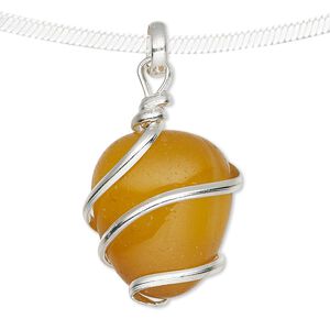 Pendant, agate (dyed) and silver-plated copper, yellow, medium to large hand-cut wire-wrapped tumbled nugget. Sold individually.