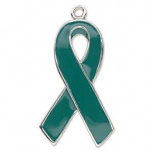 Focal, enamel and silver-plated "pewter" (zinc-based alloy), green, 37x21mm single-sided awareness ribbon. Sold individually.