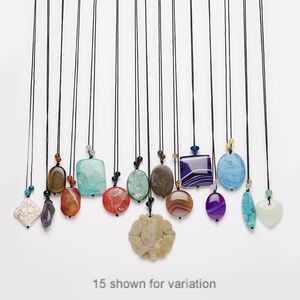 Multi-gemstone / nylon / glass 1pkg5, mixed shape necklace 28 inch / tie closure mix 30x23mm-45x45mm