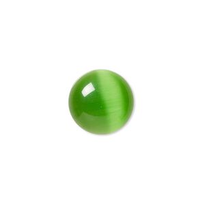 Cabochon, cat's eye glass (fiber optic glass), green, 14mm calibrated round, quality grade. Sold per pkg of 10.