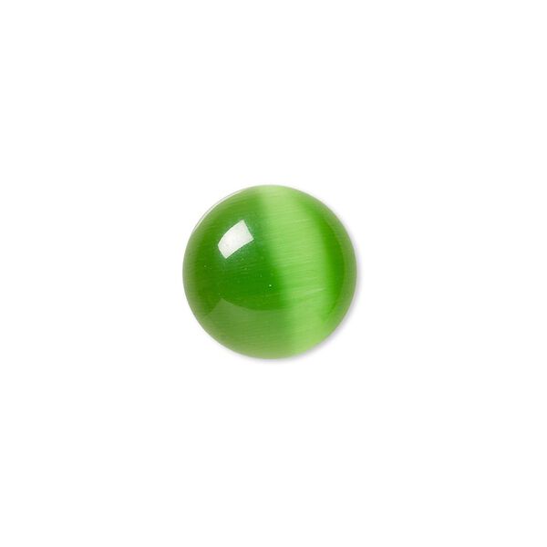 Cabochon, cat's eye glass (fiber optic glass), green, 14mm calibrated round, quality grade. Sold per pkg of 10. image number 0