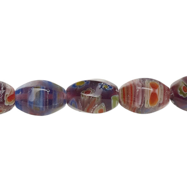 Bead, millefiori glass, dark purple, 11x7-12x9mm 6-sided twisted oval with flower design. Sold per 14-inch strand. image number 0