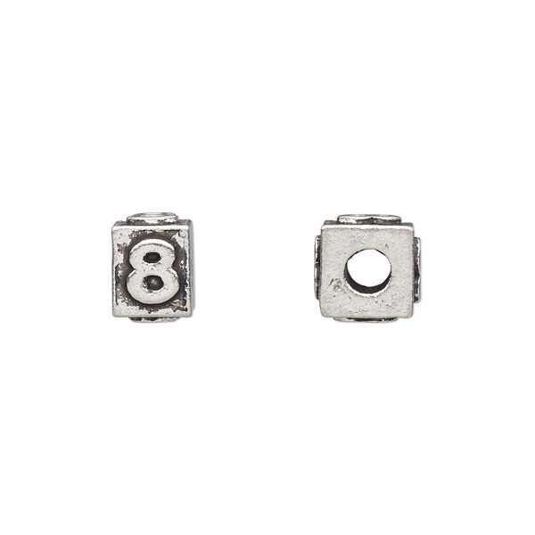 Bead, antiqued pewter (tin-based alloy), 8x6mm rectangle with number "8." Sold per pkg of 4. image number 0