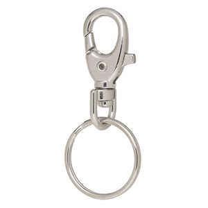 Key ring, imitation rhodium-finished brass and steel, 59x25.5mm overall with 25.5x14.5mm self-closing lobster claw on a swivel and 25.5mm split ring. Sold per pkg of 5.