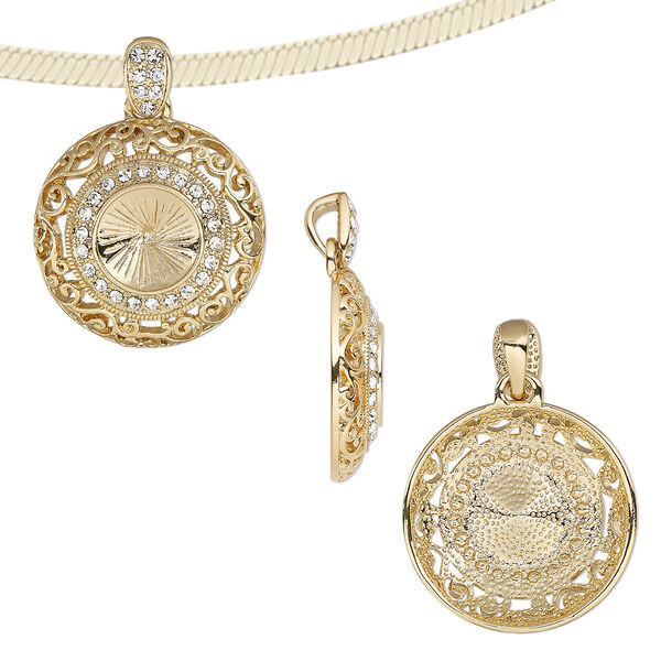 Pendant, Almost Instant Jewelry®, crystals and gold-finished "pewter" (zinc-based alloy), crystal clear, 32mm round with swirl cutout design and 14mm rivoli setting. Sold individually. image number 0