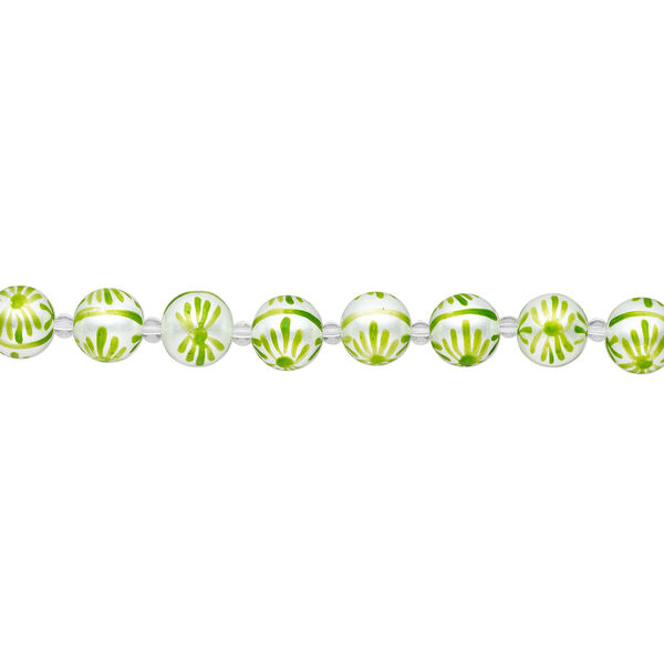 Bead, glass 1pkg8, opaque white and green, 14mm hand-painted round. image number 1