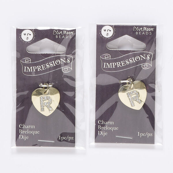 Charm, gold-finished "pewter" (zinc-based alloy), / steel / acrylic rhinestone, clear, 15.5x15mm single-sided puffed heart with letter "R." Sold per pkg of 2. image number 0