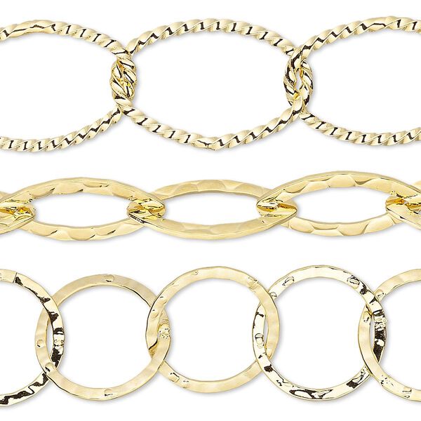 Chain, gold-plated brass, 14mm hammered round / 18x8mm hammered marquise / 21x14mm twisted oval. Sold per pkg of (3) 8-inch sections. image number 0