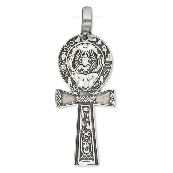 Pendant, antique pewter (tin-based alloy), 63x23mm ankh. Sold individually. image number 0